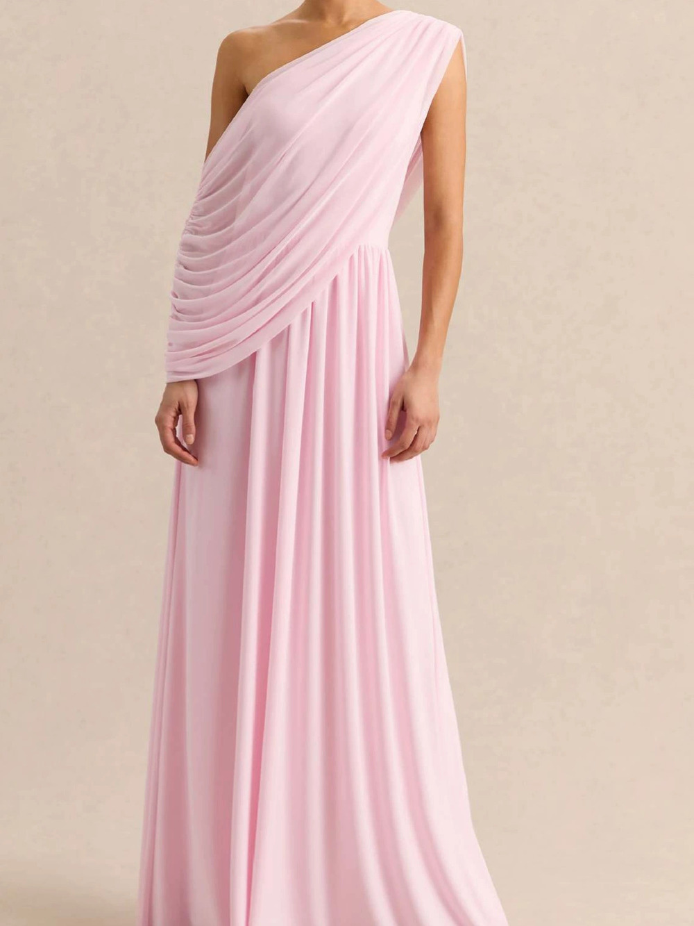 Zara One Shoulder Draped Chiffon Pink Maxi Cinched Waist Gown